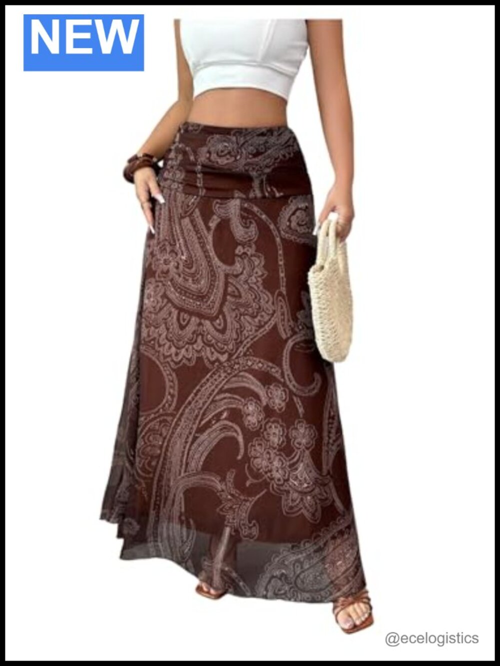 Paisley Maxi Skirt Ruched Waist A-Line Long Summer Vacation Skirt